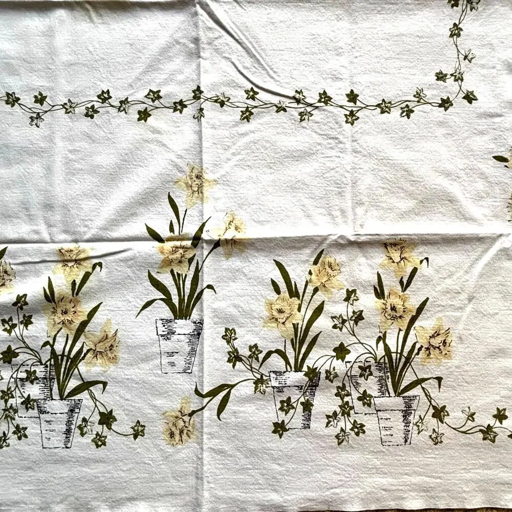 Vintage Mid Century Printed Cotton Tablecloth White Yellow Green Rectangle FLAWS